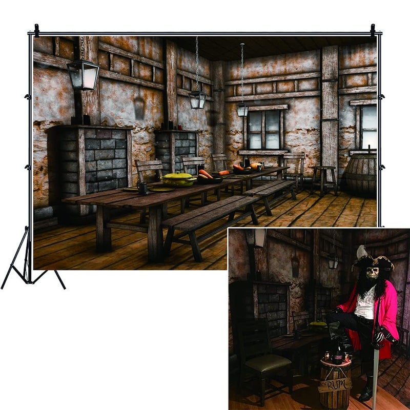 LFEEY 10x8ft Medieval Tavern Backdrop for Photography - Shabby West Cowboy Theme With Wood Bar Counter, Tables, Chairs - Wild West Party Decorations, Western Portraits Photo Studio Props - Image 1